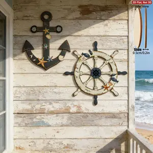 2D Wooden Nautical Wall Decor Set, Rustic Ship Anchor & Wheel, Ocean Theme Hanging Ornament, Ideal for Living Room, Kitchen, Bathroom, Bedroom
