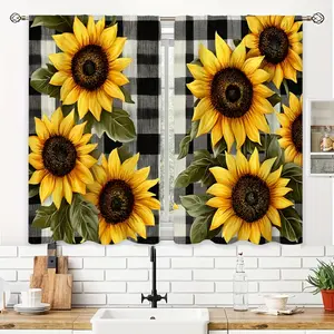 2pcs Black and White Gingham with Bright Yellow Sunflowers Kitchen Printed  Small Short Cafe  Rod Pocket Bathroom  Treatments Tiers Kitchen Living Room Office Bedroom Home Decor 39.9x27.5 Inch LW429C1L68 casual party decoration curtain high ceiling