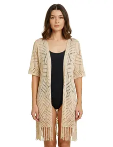 JointlyCreating Women's Oversized Open-Front Knitted Cardigan - 2026 Spring-Summer Lightweight Hollow-Out Crochet Tassel Kimono Sweater, Womenswear Casual Outerwear for Outdoor Activities
