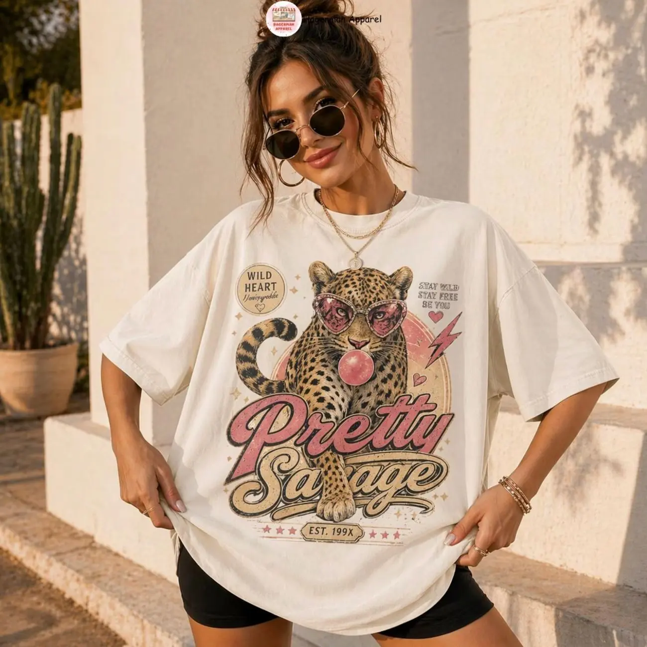 Leopard Graphic Comfort Colors T-Shirt, Retro Vintage Comfy Funny Animal Gift Tee, Pretty Savage Retro Leopard Bubble Gum T-Shirt, Full Size.