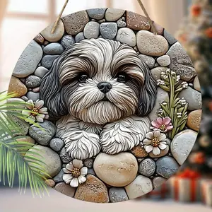 Wooden Stone Puppy Design Hanging Ornament, 1 Count Cute Animal Sign, Rustic Farmhouse Decoration for Home Door Window