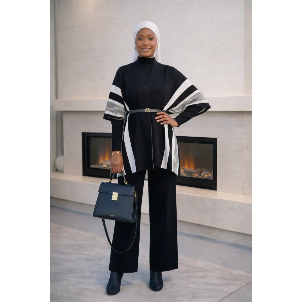 Lume Statement Set - Classic Black Three-Piece Ensemble with Wide-Leg Trousers, Minimalist Inner Top & Longline Sweater Shawl for Modest Autumn Fashion
