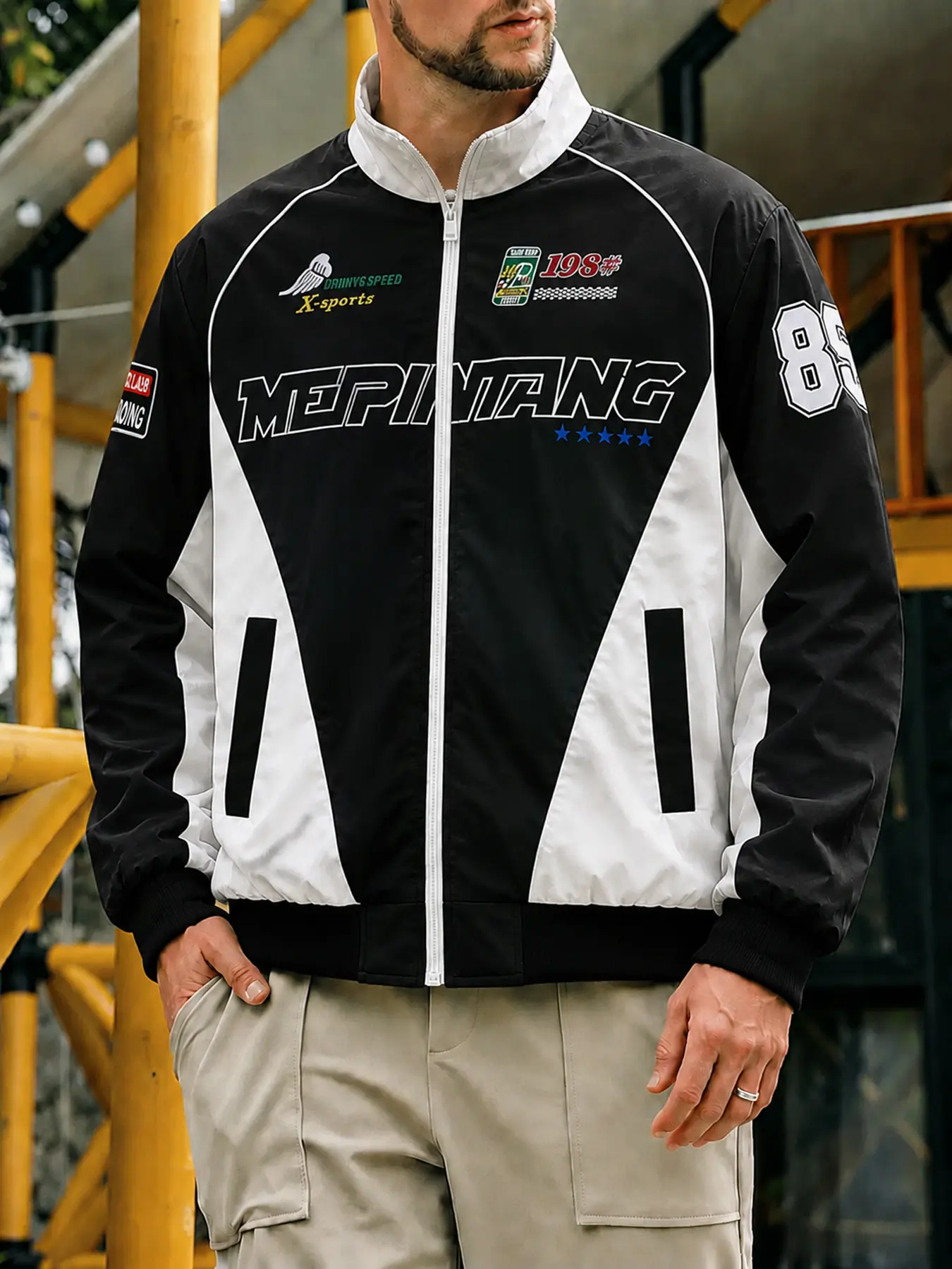 Men's Vintage Racing Jacket with Embroidered Patches  Stand Collar Zip Up Moto Style for Back to School Streetwear