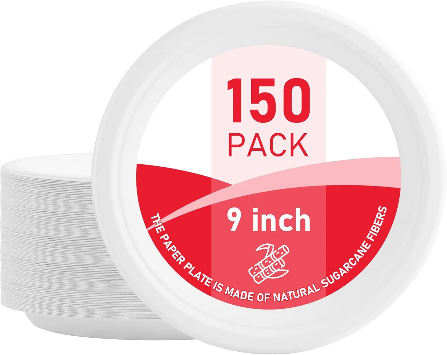 150 Pack 9 Inch Compostable Paper Plates, Heavy Duty Disposable Dinner Plates, Biodegradable Bagasse Sugarcane Fiber Tableware