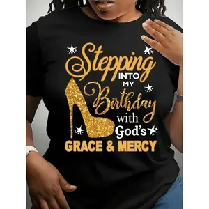 stepping into my birthday oversized womens t shirt black cotton crew neck with golden glitter high heels breathable machine washable summer black