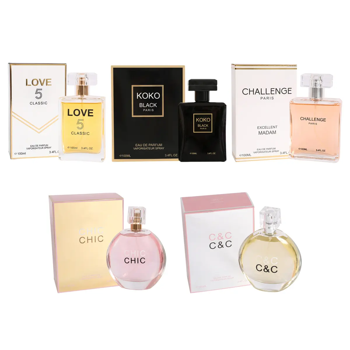 Bundle of Perfumes! Love 5 Classic EBC1023-1-3, Koko Black EBC1388-3, Challenge EBC1063-1-3, Chic EBC1374-3 and C & C EBC1039-3 Eau De Toilette Spray Cologne for Women 100ml