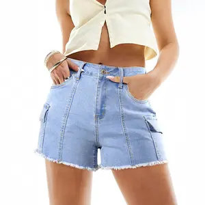 Sidefeel Womens  Jean Shorts Casual Summer High Waisted Stretchy Denim Shorts with Raw Hem and Multi Pockets