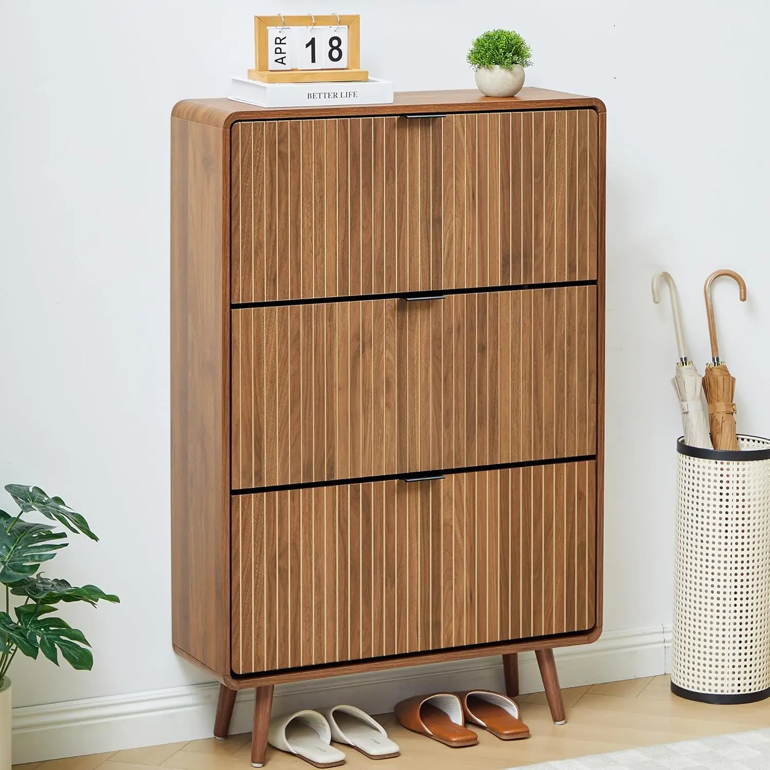 FurSch Modern Fluted Shoe Cabinet for Entryway with 3 Flip-Down Drawers, Hidden Wooden Shoe Storage, Freestanding Organizer for Hallway or Foyer