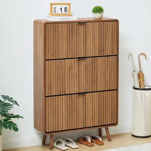Giratree Modern Fluted Shoe Cabinet for Entryway with 3 Flip-Down Drawers, Hidden Wooden Shoe Storage, Freestanding Organizer for Hallway or Foyer