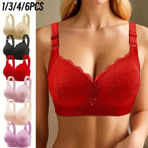EssElegance 1/3/4/6PCS Push Up Jacquard Bra Adjustable Support Straps & Wire Free Daily Comfort,Women's Lingerie & Underwear Fit Style Everyday Womenswear bras push up bras for women brasier de mujer