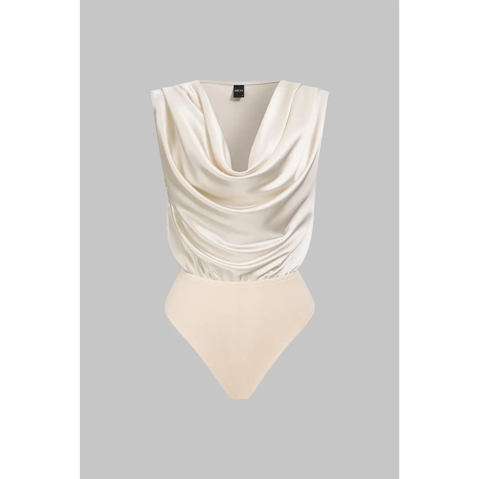 Patchwork Satin Draped Cowl Neck Sleeveless Bodysuit