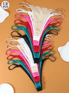 Women's 12-Piece Lace Thong Bundle Set, Sexy Floral Print V-Style Panties with Adjustable Waistband for Summer Womenswear