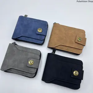 Men's Short Zipper Wallet, Vintage Buckle Design, Durable Slim Billfold