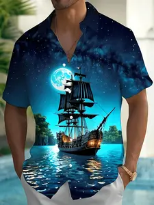 Men's Sailboat Print Shirt Short Sleeve Casual Loose Beach Style Fashion 3D Retro Sailor Sailboat Print,