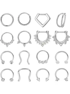 Diverse 16 Pcs Silvery Adjustable Nose Rings Hypoallergenic Surgical Steel Copper Septum Rings for Women Men Shining Clicker Nose Rings Hoops Set Small Lip Cartilage Helix Daith Piercing Jewelry Set