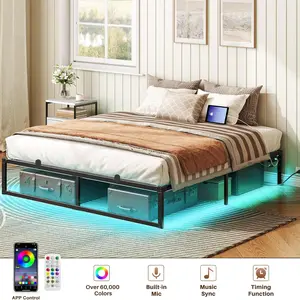 Cyclysio Modern King Size Foldable Metal Platform Bed Frame - Furniture with Charging Station, LED Lights, Non-Slip Mattress Gaskets, App Control, Music Sync, Storage, No Box Spring Needed, Easy Assembly