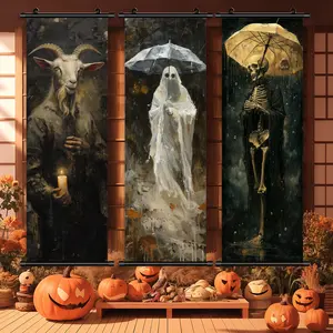 3 Counts Halloween Hanging Banner, Goat, Ghost, Skeleton Under Umbrella Paintings, Halloween Mural And Decorative Posters, Fun Party Decorations, Horror Themes, Living Room, Bedroom, Home Posters, High Definition, Waterproof, Ideal Gifts