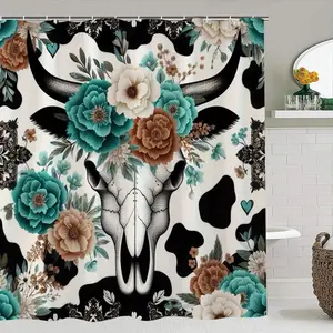 Creative Western Bohemian Floral Skull Shower Curtain Set, Bathroom Decoration Accessories, Bathroom Accessory, Bathroom Supplies, Waterproof Bathroom Curtains with 12 Hooks, Bath Mat, U-Shaped Toilet Pad, Christmas Gift