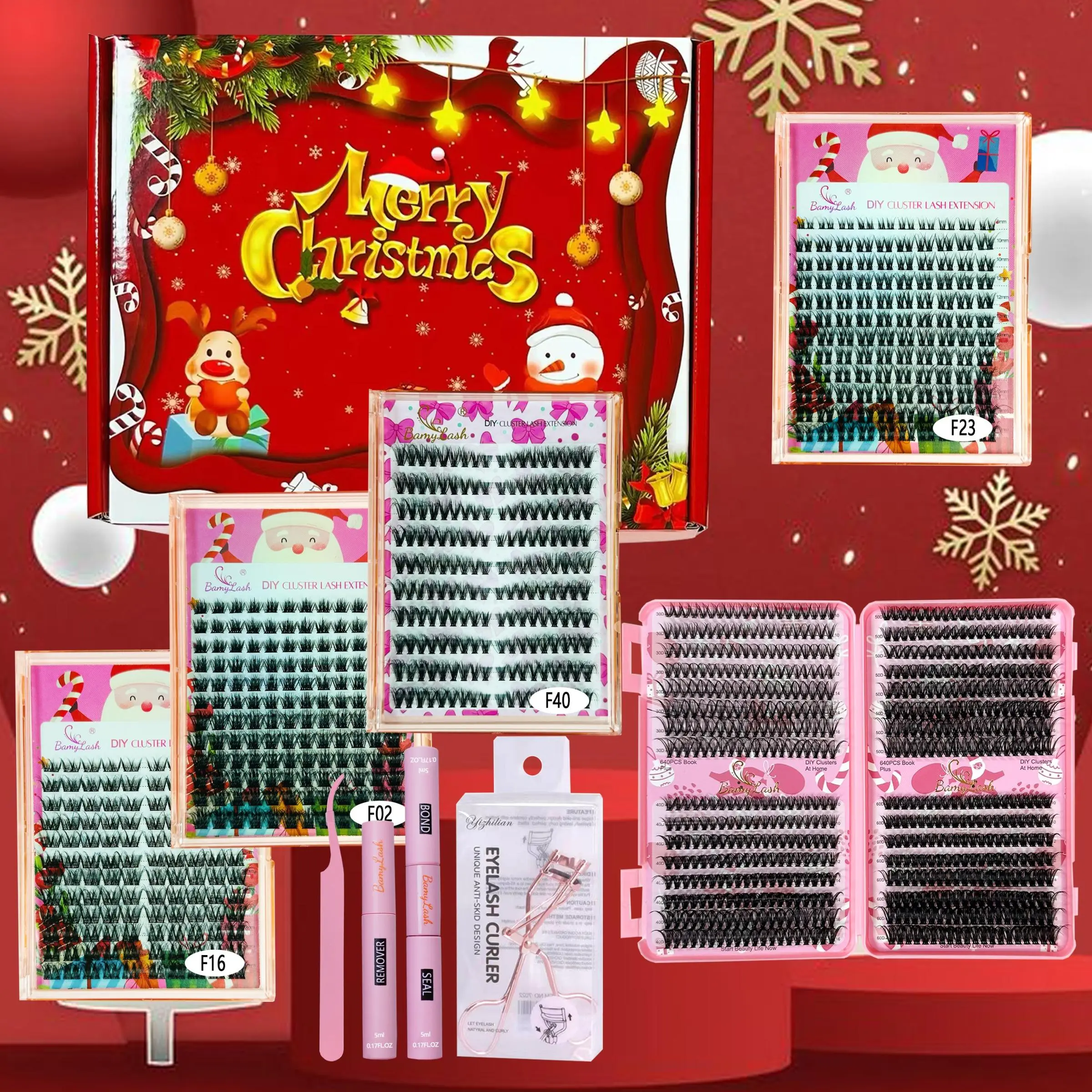 Christmas 3D Individual Cluster Eyelashes with Glue & Tweezers & Brush & Glue Remover & Eyelash Curler Mixed Length Styles Mixed Extension Eyelash Extensions Set DIY Eyelash Clusters DIY Cluster Lashes with Tools DIY False Eyelashes DIY Lash Kit