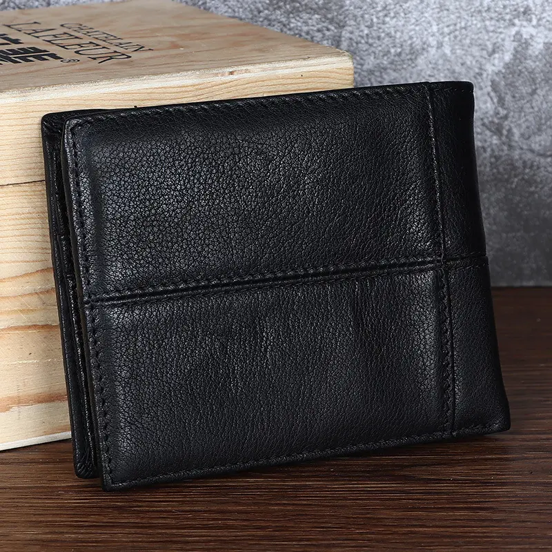 Men's Chic Preppy Basic Cow Hide Bifold Wallet - Ultra Slim, Lightweight, High-Capacity, Anti-Theft RFID Protection for Front Pocket Carry, Flap, Leather, Minimalist, Hangable, Multi-Compartment, Retro, Scratchproof, Calfskin, Holiday