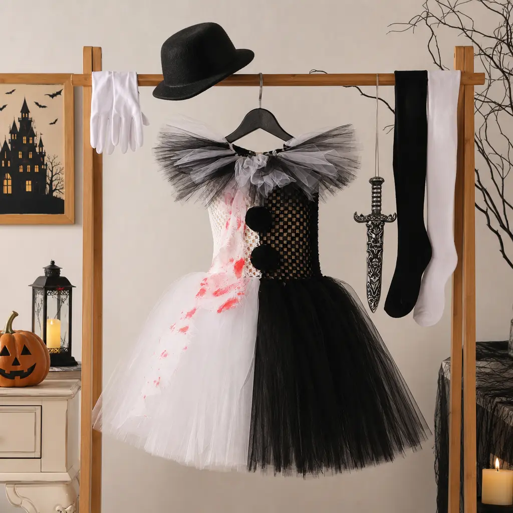 Toddler Girl's Patchwork Clown Costume Set - Tulle Dress, Mock Knife, Socks, Gloves, Hairpin for Halloween Aesthetic, Costume Ideas
