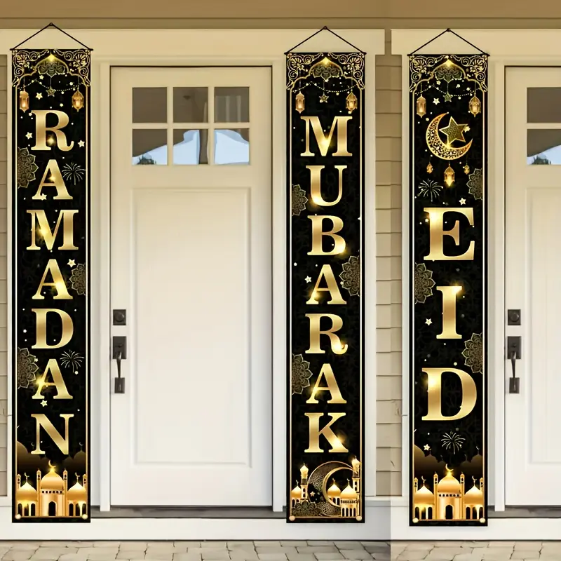 A set of 3 2D door banners, Outdoor Banners, for Ramadan and Eid al-Fitr. The design incorporates Islamic cultural symbols such as the new moon, lanterns, and mosque architecture, with black and gold as main colors. Polyester, no need for electricity