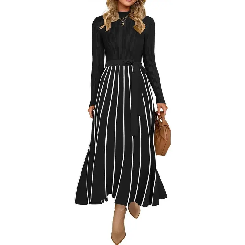ZESICA Women's Ribbed Turtleneck Knit Dress, 2026 Fall Long Sleeve Belted Waist A-Line, Casual Going Out & Office Autumn Fashion