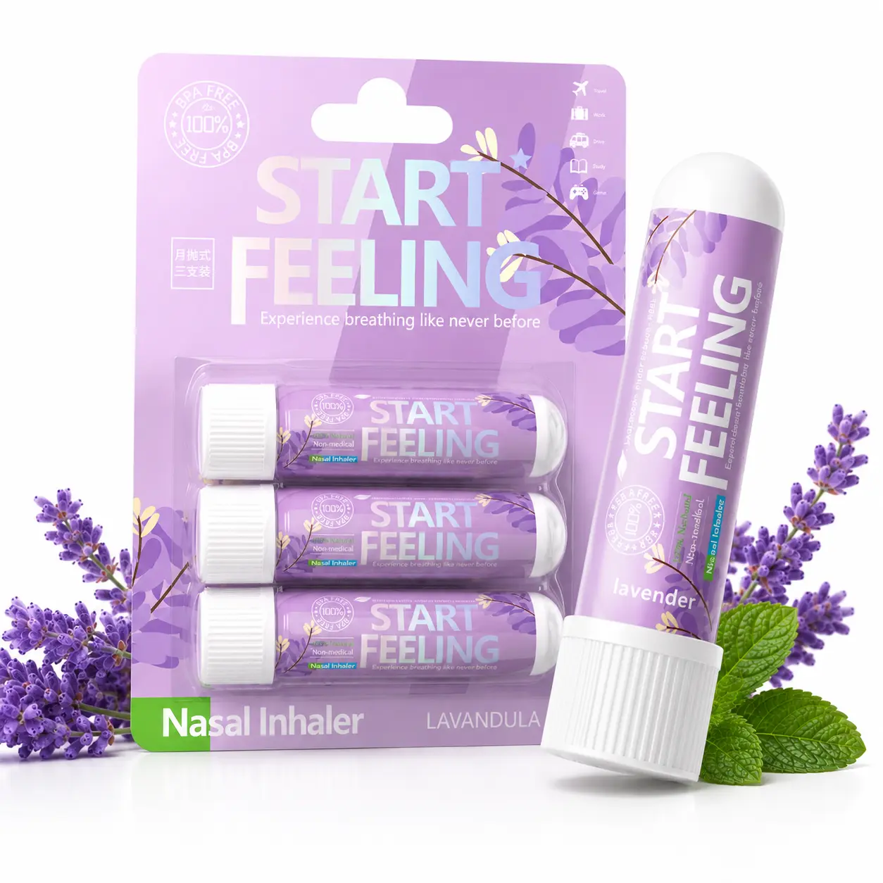 Lavender Herbal Nasal Inhaler, Natural Essential Oil Aroma Stick with Single Tip, Portable Pocket-Size for Work, Study, Daily Carry Aromatherapy Healthy Wellness Treatment