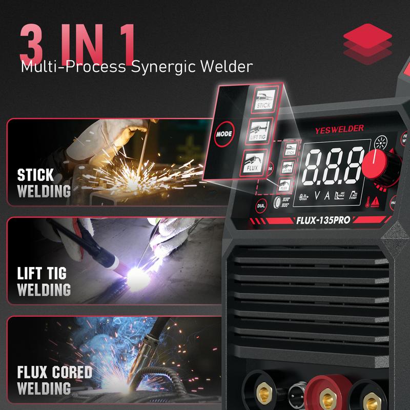 YESWELDER FLUX-135PRO 135Amp 110V Flux Core MIG Welder, Gasless MIG/Lift TIG/Stick 3-in-1 Welding Machine, Digital Display DC IGBT Synergic Control