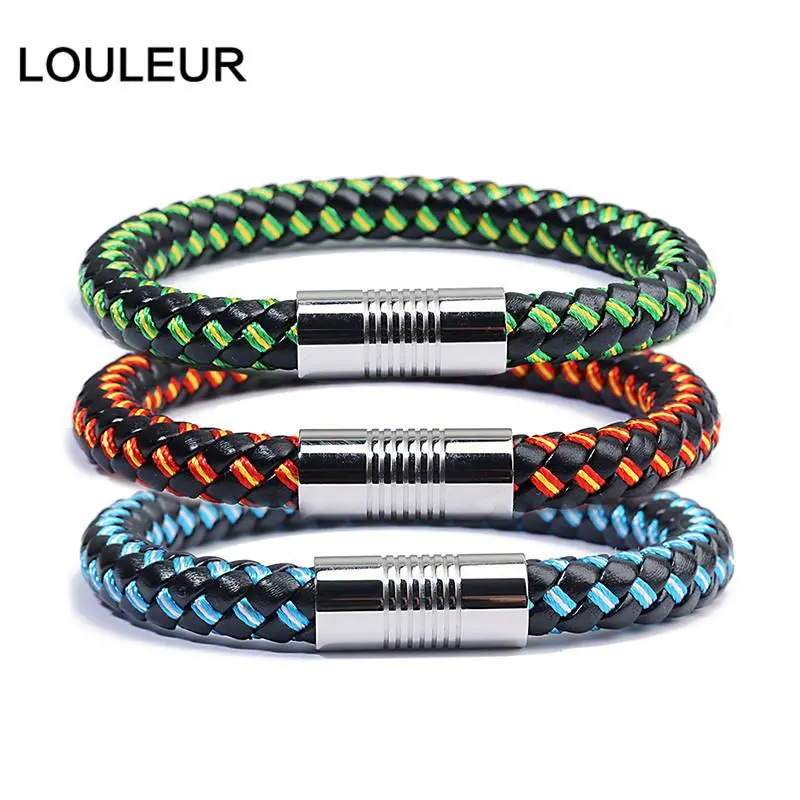Country Spain/Russia Flag Rope Leather Bracelet Men Colorful Magnet Bracelets&Bangles Pulseras Stainless Steel Rope leather
