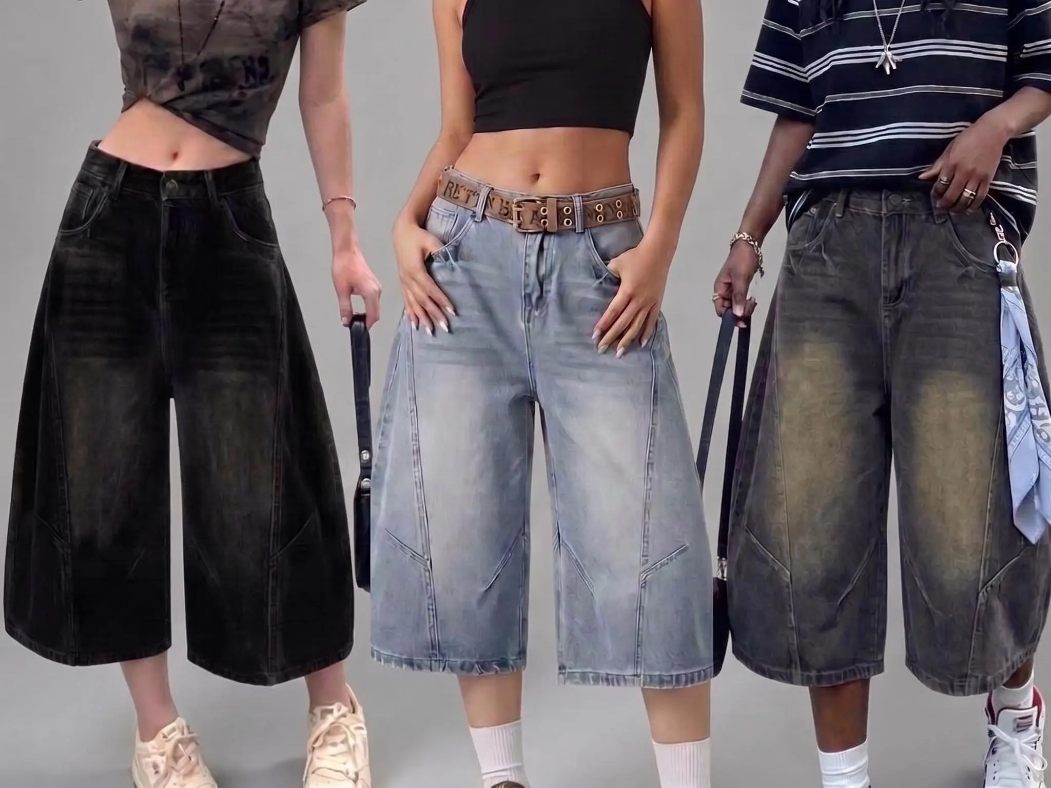 KOVA Denim Unisex Baggy Denim Jorts, High Waisted Long Jean Shorts, Wide Leg Knee Length Bermuda Shorts, Y2K Streetwear