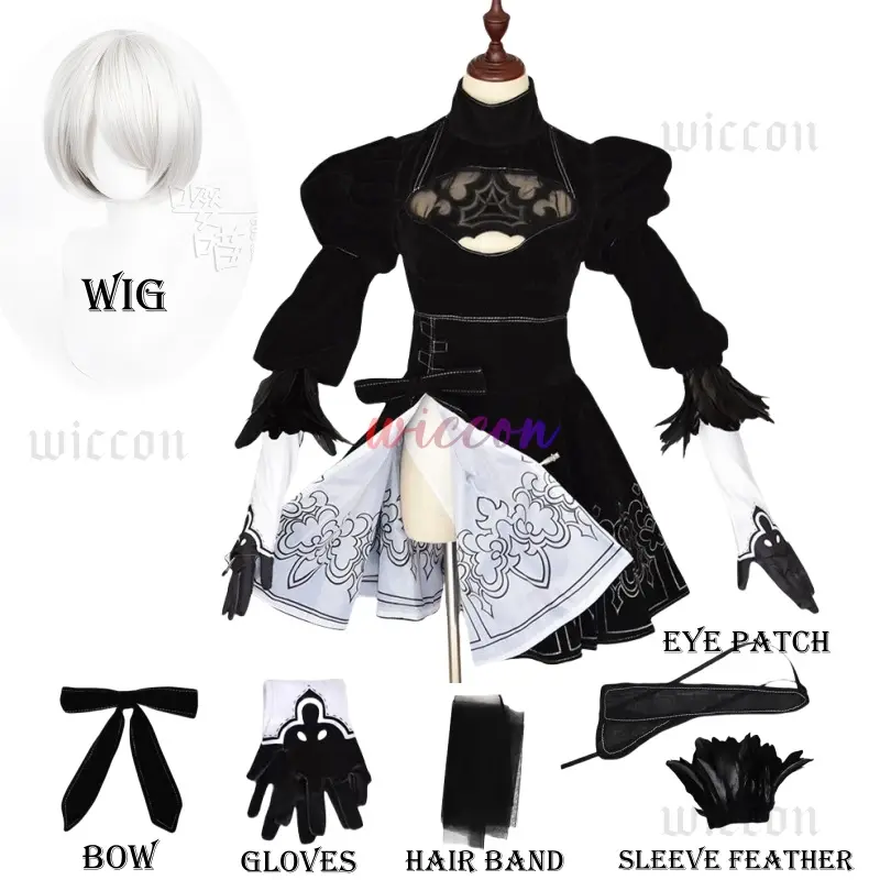 Wiccon Nier Automata Yorha 2B Cosplay Suit Anime Women's Inner Print Outfit  Disguise Costume Set with