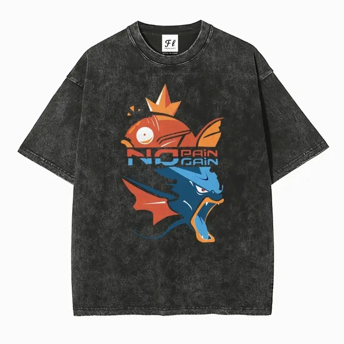 Men's Oversized Loose Fit Stretch Casual Short-Sleeve Cotton T-Shirt - Pocket Monsters Magikarp Gyarados Evolution "No Pain No Gain" Graphic, Retro Vintage Distressed Unisex Anim3 Streetwear Top
