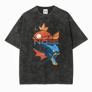 Men's Oversized Loose Fit Stretch Casual Short-Sleeve Cotton T-Shirt - Pocket Monsters Magikarp Gyarados Evolution "No Pain No Gain" Graphic, Retro Vintage Distressed Unisex Anim3 Streetwear Top