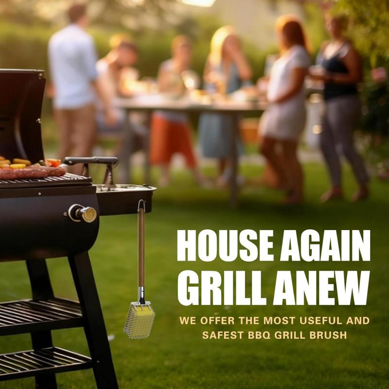 Grill Brush Bristle Free with Scraper, Safe Steam Cleaned Replaceable Head Fire Resistant Grill Cleaning Brush Strong Barbecue Brush Cleaner Non Wire for Outdoor Grill Grate/Wooden Handle