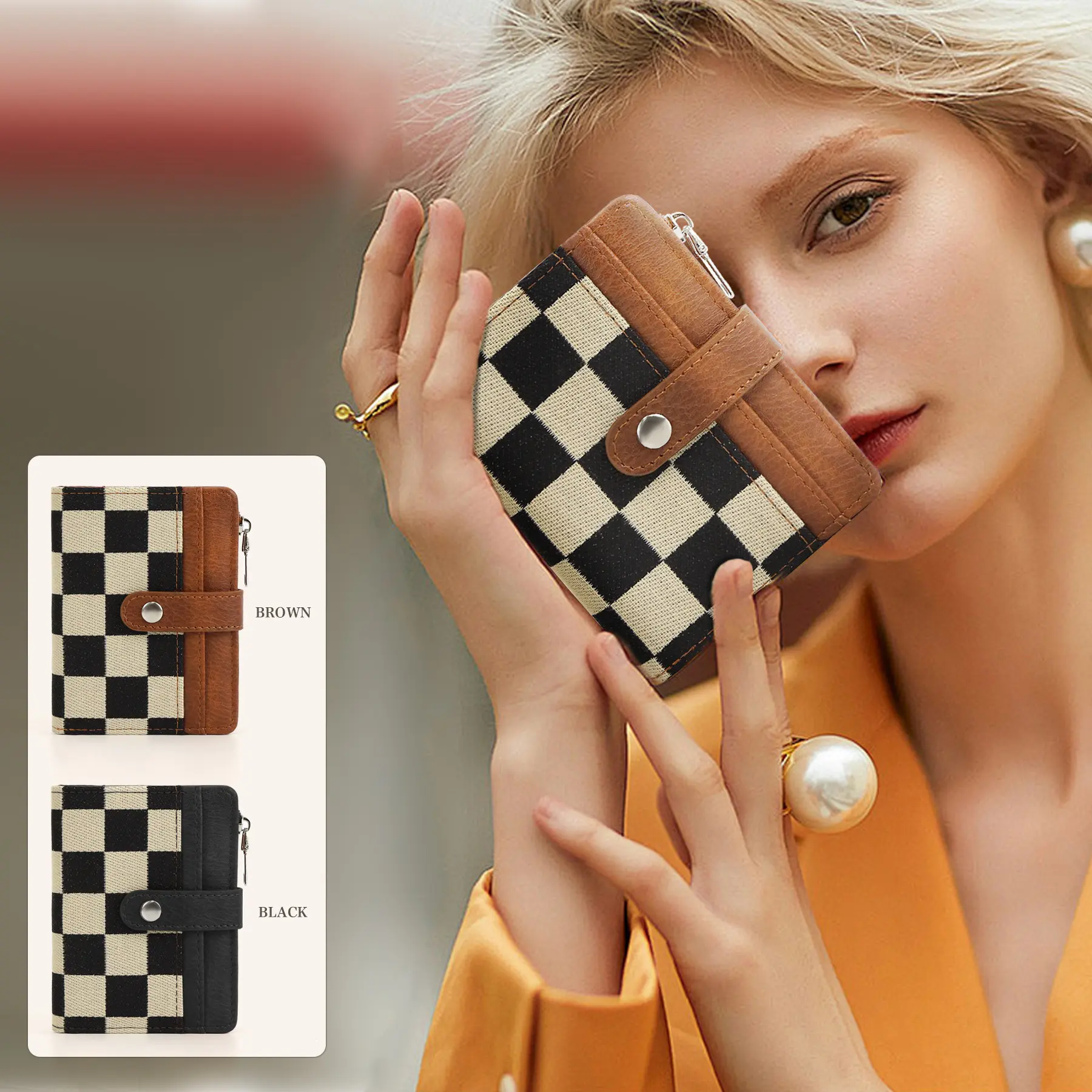 Women's 2026 Retro-Chic Checkered PU Leather Mini Wallet - Credit Card Organizer, Card Slots, Snap Button, Zippered Coin Pocket, Home Organizer Accessory, Graduation Gift, Wallets for Women
