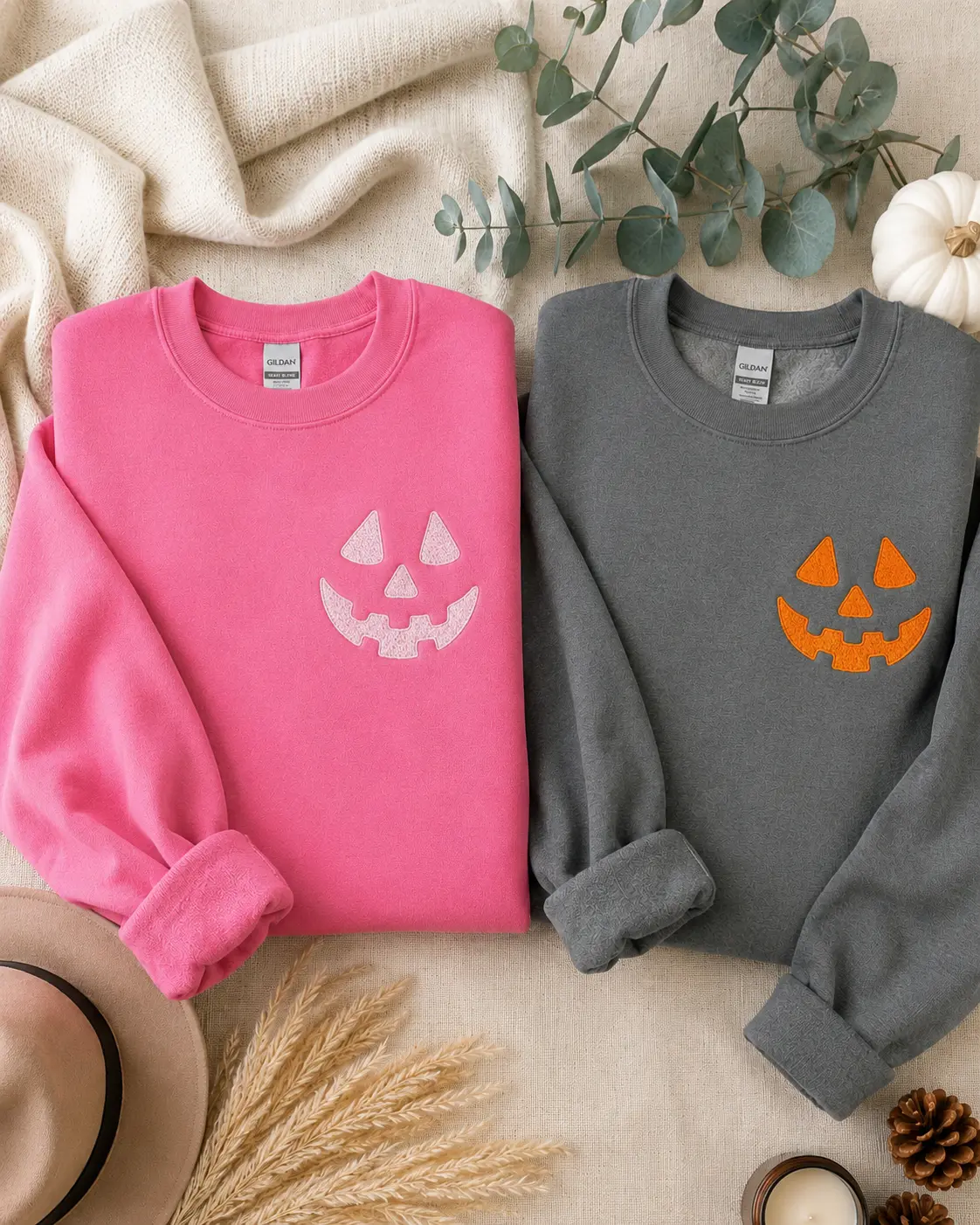 Halloween Pumpkin Face Crewneck Sweatshirt, Embroidered Jackolantern Pullover, Tonal Spooky Season Sweater, Trendy Fall Apparel, Unisex