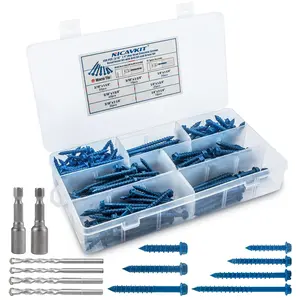 200 count Concrete Screws with Drill Bit and Driver bit, 3/16" 1/4" Hex  Concrete Cement Screws Assortment Kit for Anchoring to Masonry, Block or Brick Stucco, Length 1-1/4" to 2-3/4"