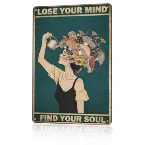 Lose Your Mind Find Your Soul Vintage Mushroom Girl Metal Sign 12x8 In Aluminum, Retro Hippie Tin Sign for Bedroom, Living Room, Home Decor, Spiritual Wall Art, 12x8 Inch Aluminum Plaque