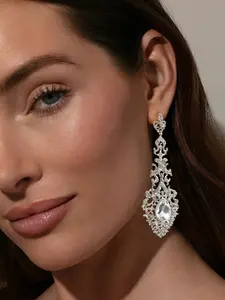 Large Silver Chandelier Earrings for Women Wedding Costume Jewelry Elegant Rhinestone Earrings Dangling Formal