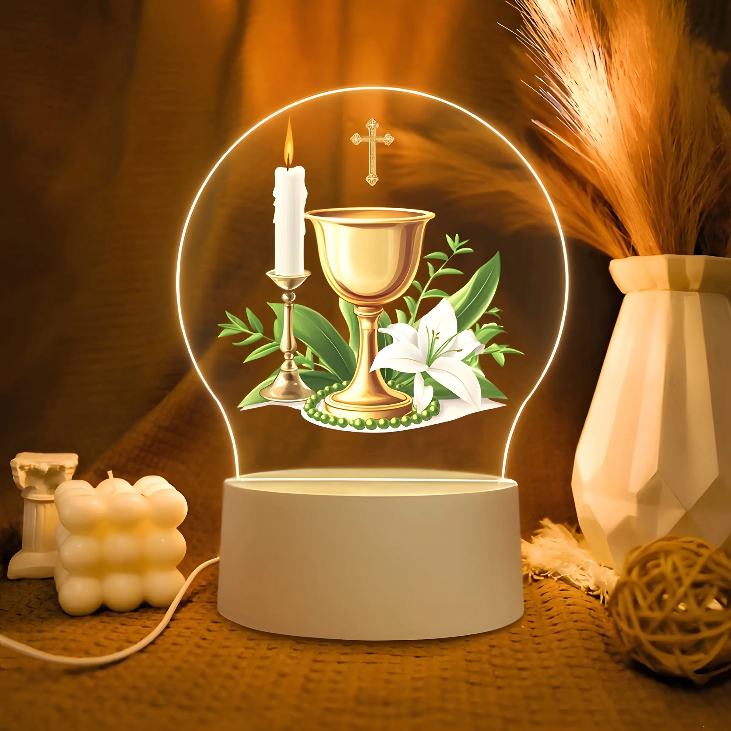 Decorative LED Night Light for First Communion Ceremony, Acrylic Design with Chalice, Lily, Cross, Candle, Bible Symbols, Flower Lamp, LED Atmosphere Lamp, Led Decoration Lamp, Ideal Christian Church Memorial Gift