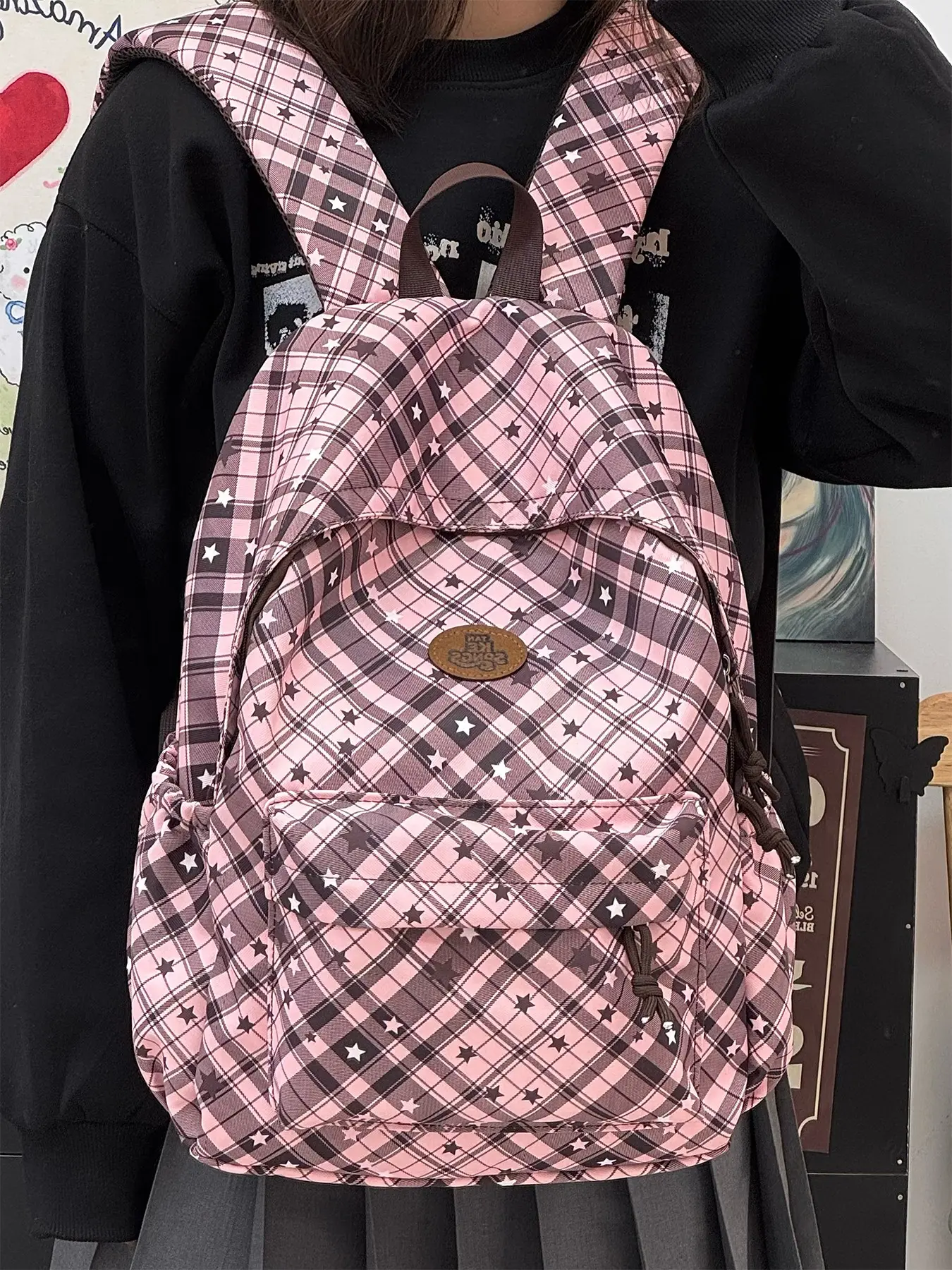 1pc Sweet girl plaid Trendy College Casual Backpack with star elements, eye-catching large capacity zipper closure, multi compartment bag, Durable nylon daypack, suitable for students, party, school, daily commuting, suitable for women's backpacks