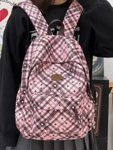 1pc  Sweet girl plaid backpack with star elements, super eye-catching large capacity zipper closure, multi compartment bag suitable for students, party, school, daily commuting, out of the street, super suitable for women's backpacks