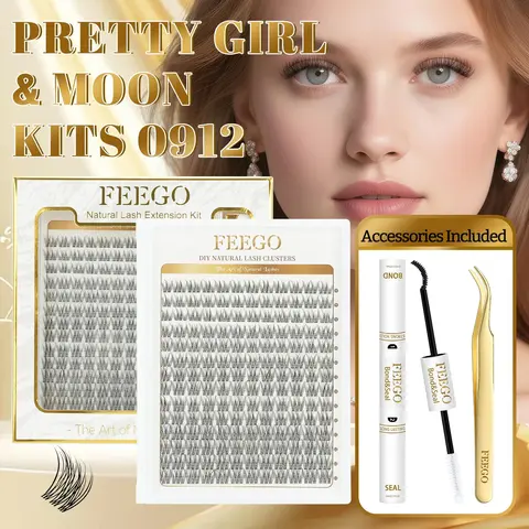 FEEGO Natural Lash Extension Kit Wispy Lash Clusters Kit 168Pcs Eyelash Extension Kit 9-12MM Eyelash Clusters Lashes Individual Kit with Remover for Lash Extension Thin Band Individual Lashes
