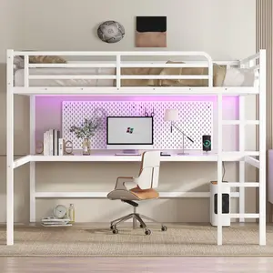 Metal Queen Size Loft Bed with Power Outlet and LED Lighted, Space-Saving, Noise Reduced, White