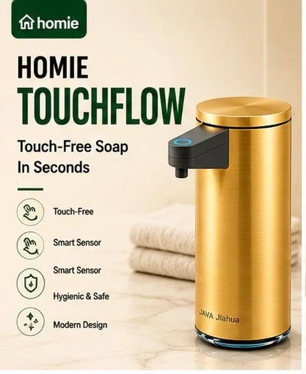 Homie TouchFlow Automatic Touchless Soap Dispenser - Waterproof Stainless Steel, Adjustable, Easy Refill, ABS Construction, Refillable Smart Soap Dispenser for Bathrooms, Kitchen, Refillable Smart Soap Dispensers