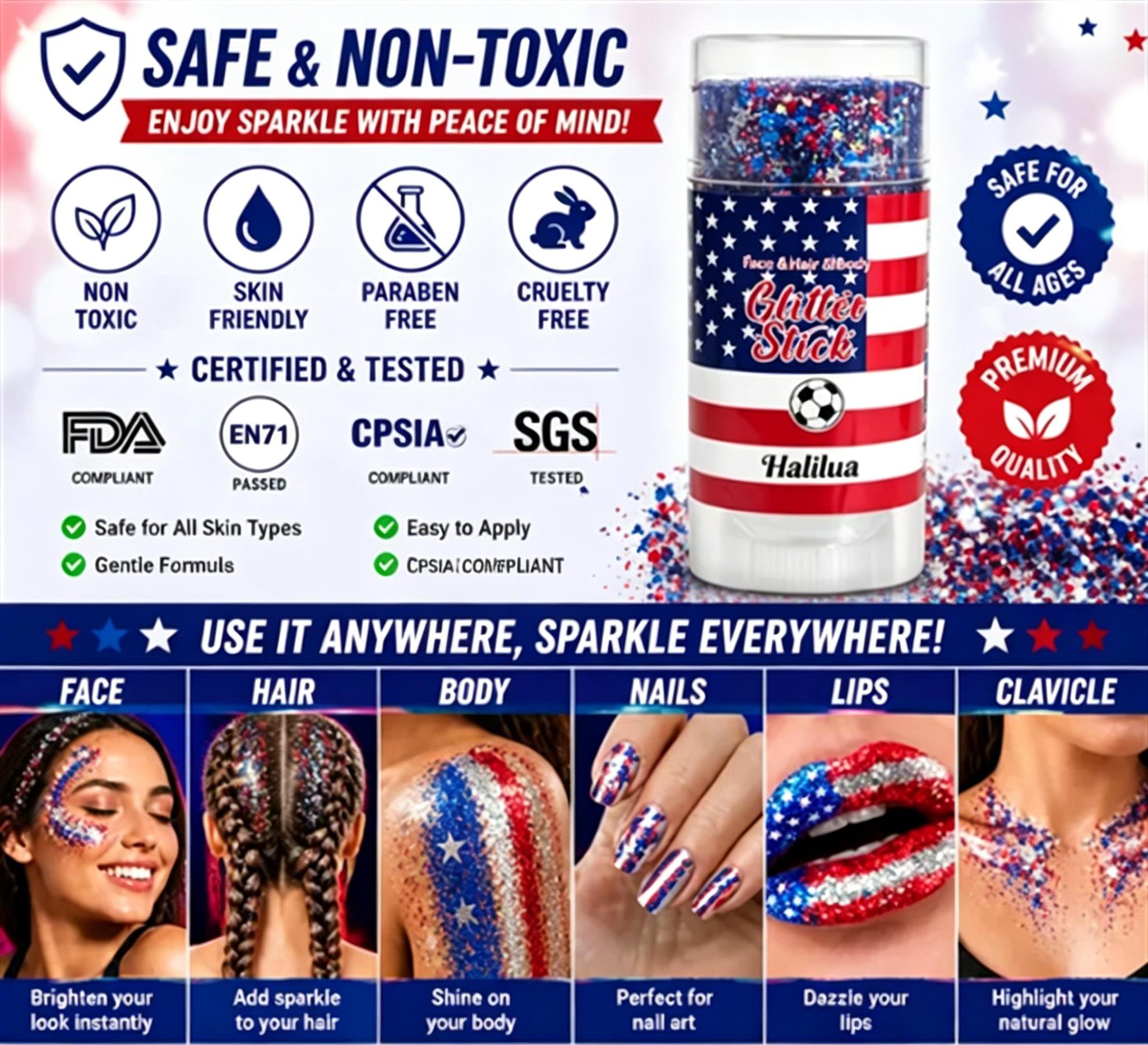 Chunky Self-Adhesive Waterproof Gel Stick - Red, White, Blue Patriotic 4th of July Accessories for Nail Art, Face, Party Use (Beauty & Personal Care Nail Decoration)