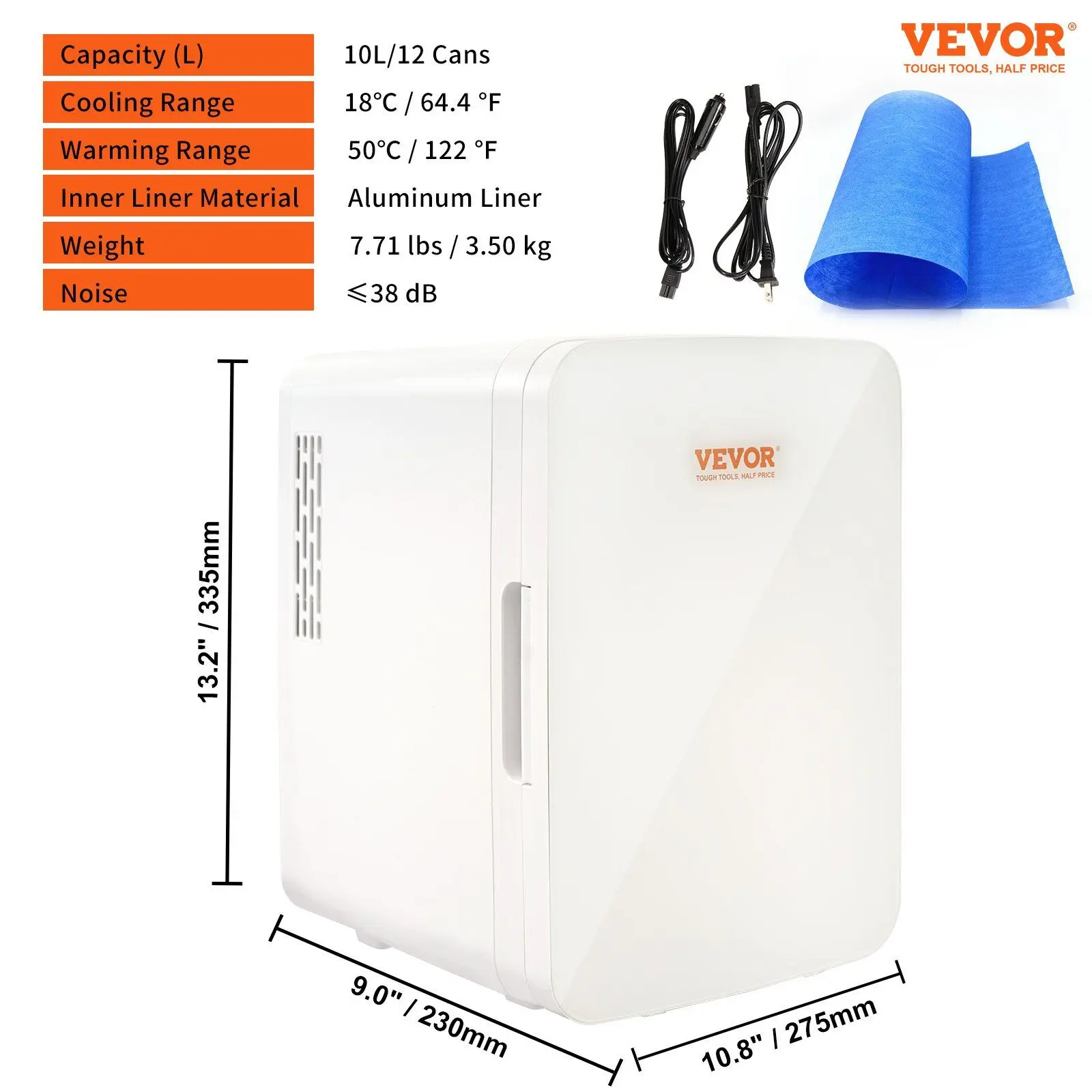 VEVOR 10L Compact Mini Fridge, 12-Can Luxury Skin Care Refrigerator with Dual Adapters, Countertop AC/DC Cooler & Heater for Bedroom Foods, Drink, Breast Milk Storage, White
