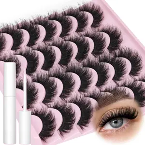 Fluffy False Eyelashes with Eyelash Glue, 14 Pairs Wispy Faux Cluster Lashes, Natural Curling Eye Makeup Strip Lashes, Volumized False Eyelashes for Eye Makeup Enhancement, Flare Lashes, Cosmetic