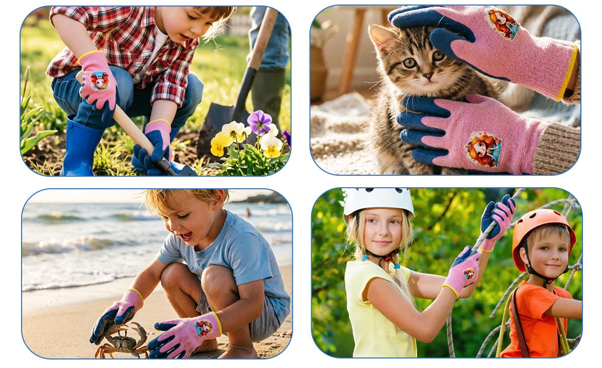3PCS-Girls Protective Work Gloves Age 5-12 | Pink Anti-Slip Grip | Perfect for Pet Care, Gardening & Beach Play